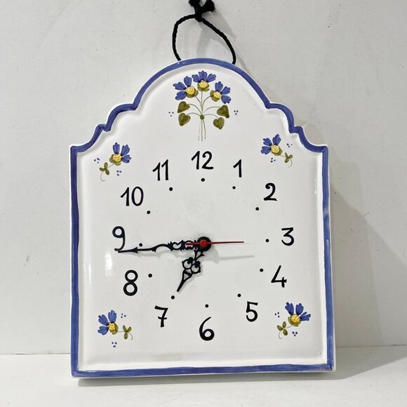 Williams Sonoma Wall Clock White Porcelain Blue Floral Hand Painted Italy - Picture 1 of 7